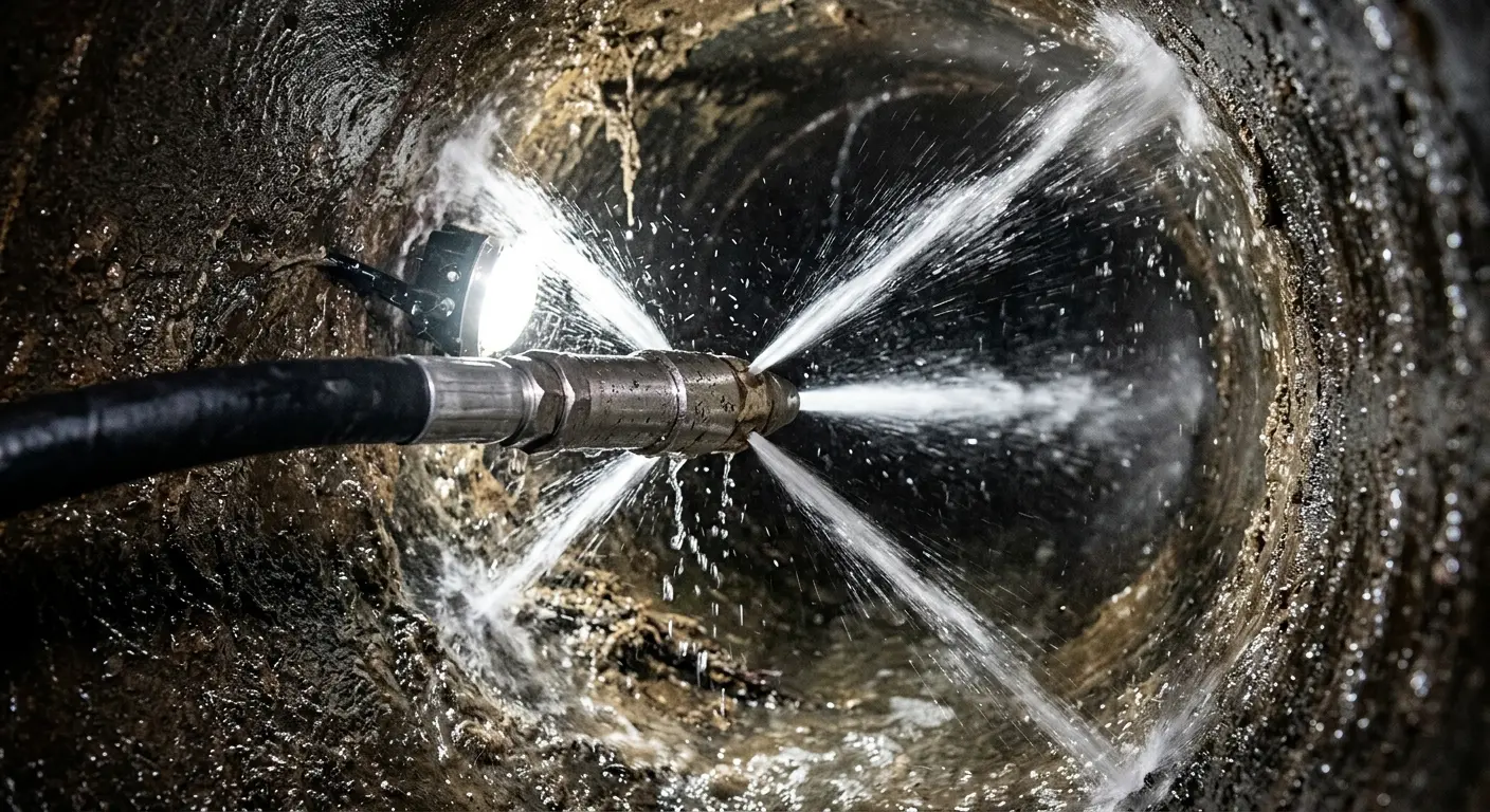 High-pressure hydro jetting nozzle cleaning sewer pipe for Sewer Cleanout in Universal City