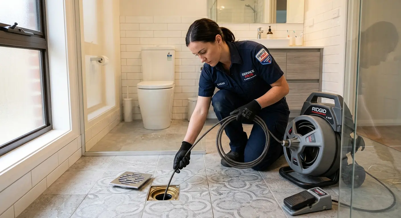 Technician clearing a bathroom floor drain for Drain Cleaning in Universal City